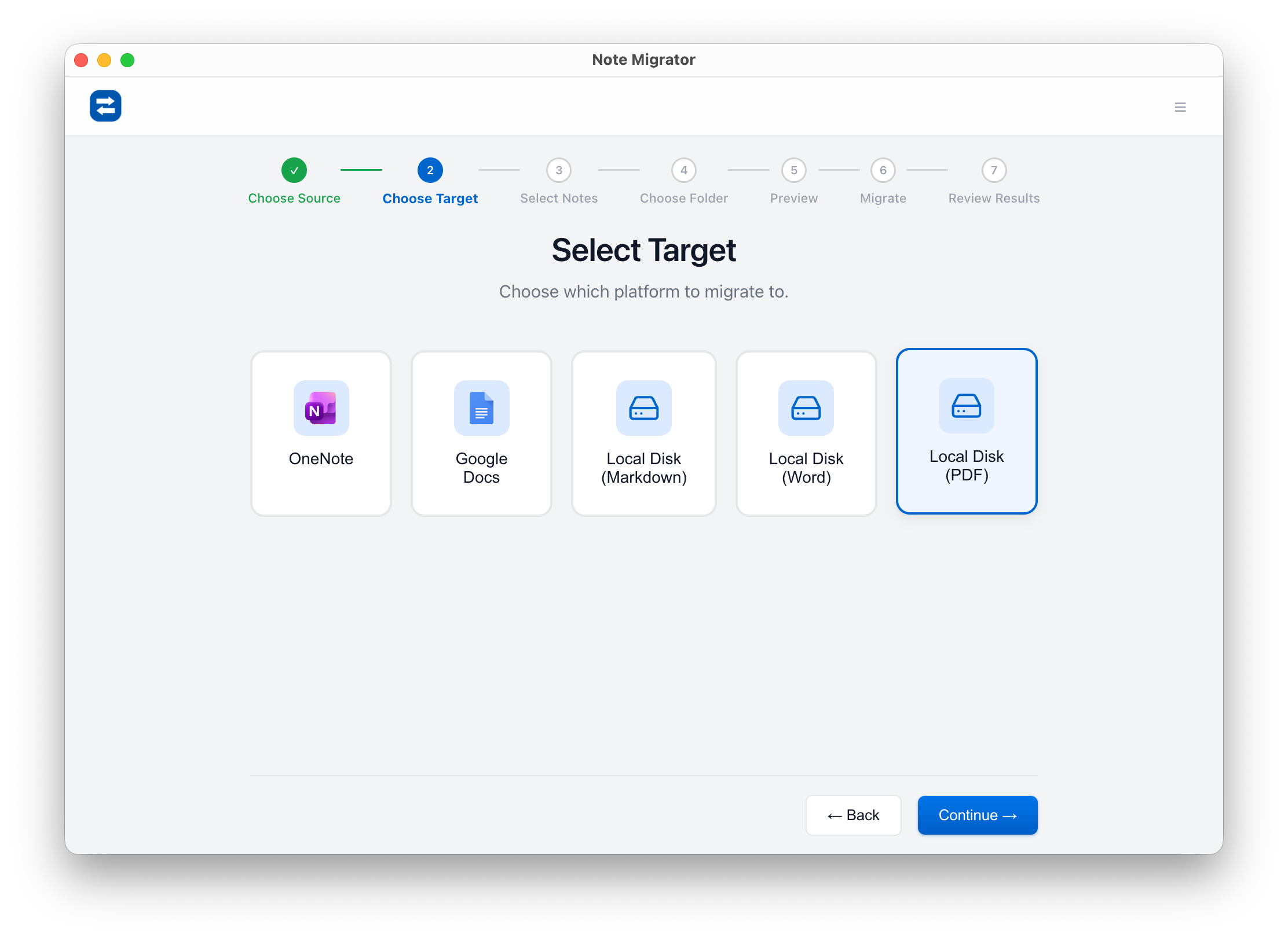 Select Local PDF target